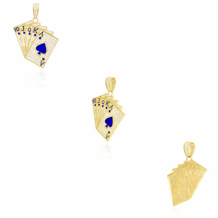 14K Yellow Gold CZ Blue Green Red Pave Playing Cards Pendant 1.9"