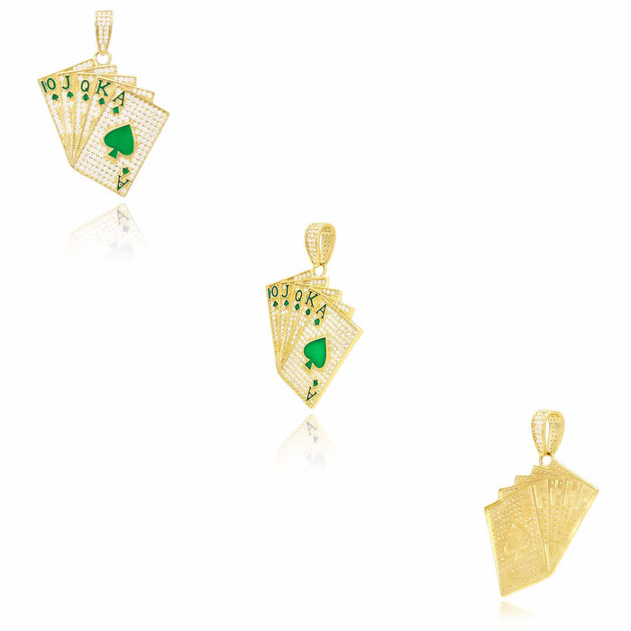 14K Yellow Gold CZ Blue Green Red Pave Playing Cards Pendant 1.9"
