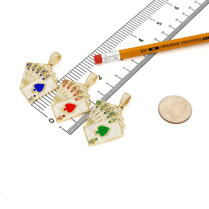 14K Yellow Gold CZ Blue Green Red Pave Playing Cards Pendant 1.9"