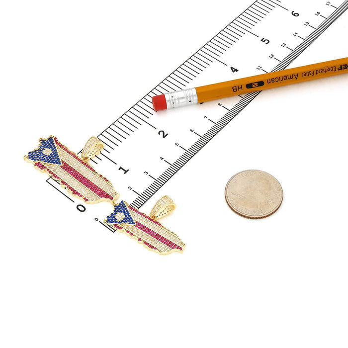 14K Yellow Gold CZ Blue Red Pave Puerto Rico Flag Map Pendant 1"