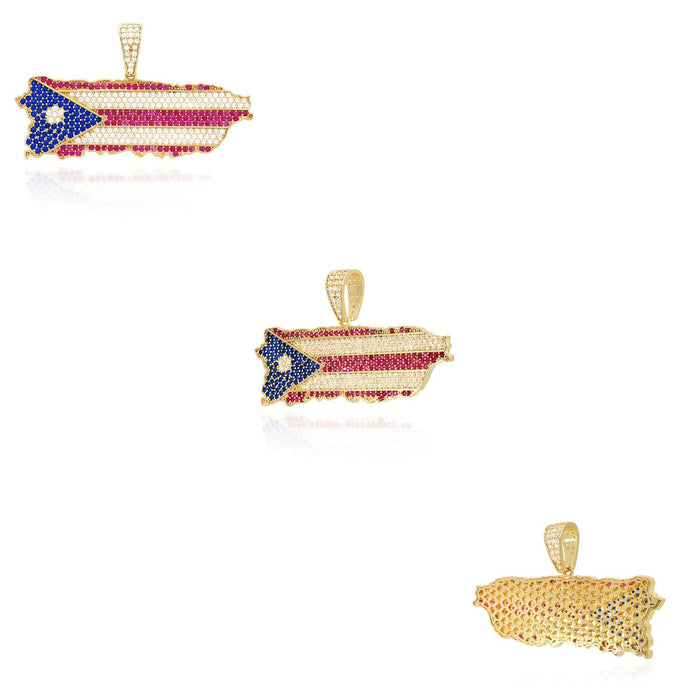 14K Yellow Gold CZ Blue Red Pave Puerto Rico Flag Map Pendant 1"