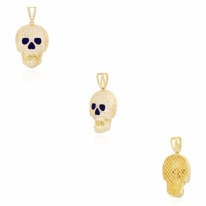 14K Yellow Gold CZ Pave Iced Out Classic Skull Charm Pendant 1.6"