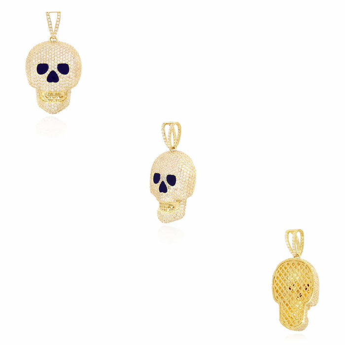 14K Yellow Gold CZ Pave Iced Out Classic Skull Pendant 1.6"