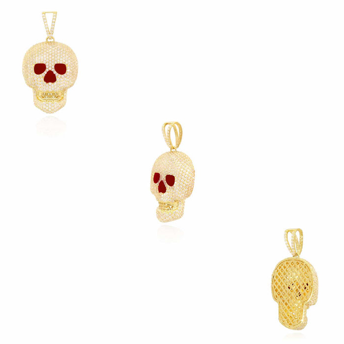 14K Yellow Gold CZ Pave Iced Out Classic Skull Pendant 1.6"