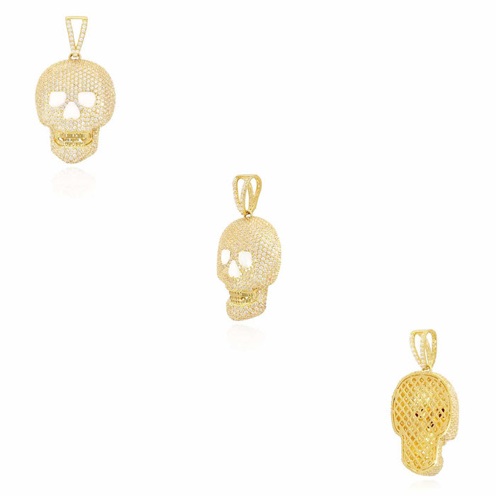 14K Yellow Gold CZ Pave Iced Out Classic Skull Pendant 1.6"