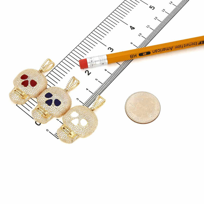 14K Yellow Gold CZ Pave Iced Out Classic Skull Pendant 1.6"