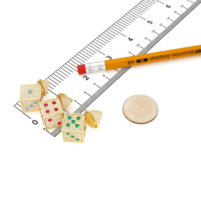 14K Yellow Gold CZ Red Blue Green Mini Dice Pendant 1.5"