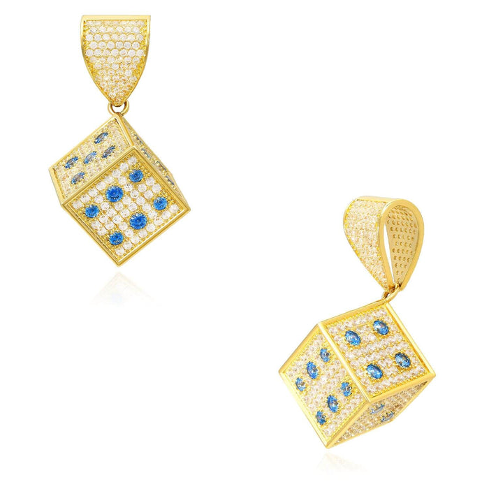 14K Yellow Gold CZ Red Blue Green Mini Dice Pendant 1.5"