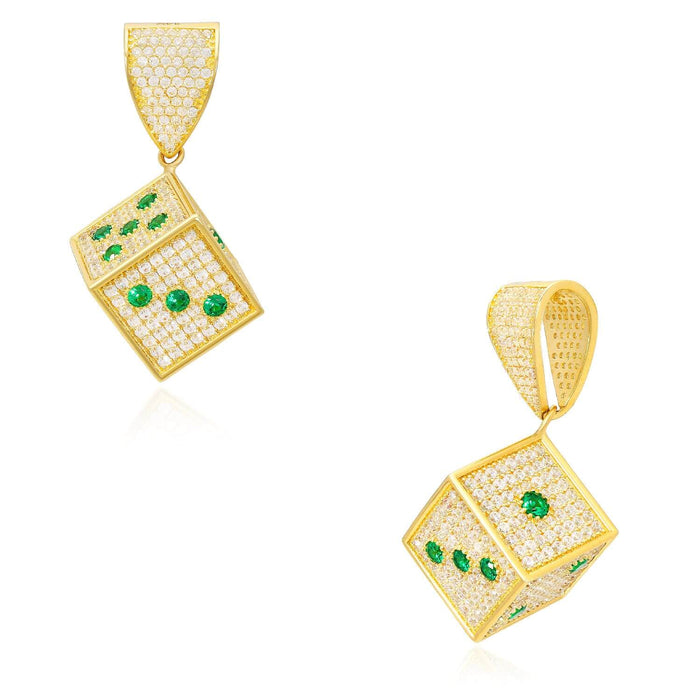 14K Yellow Gold CZ Red Blue Green Mini Dice Pendant 1.5"