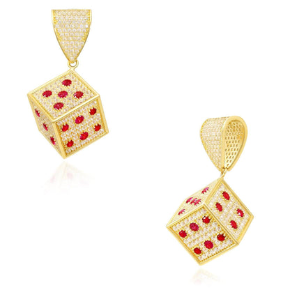 14K Yellow Gold CZ Red Blue Green Mini Dice Charm Pendant 1.5"