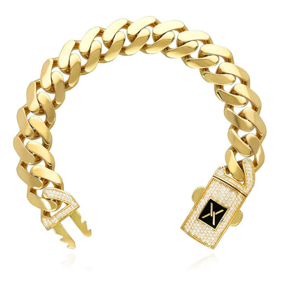 10K Yellow Gold 14mm Miami CZ Pave Box Clasp Bracelet (Hollow) 8"