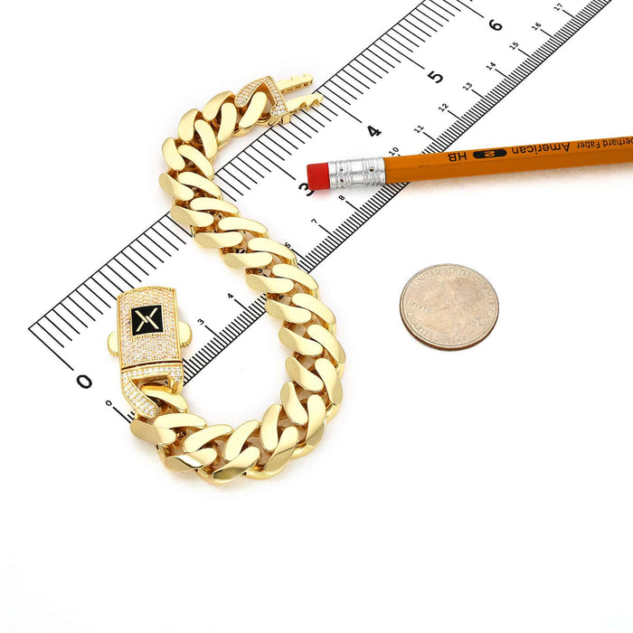 10K Yellow Gold 14mm Miami CZ Pave Box Clasp Bracelet (Hollow) 8"