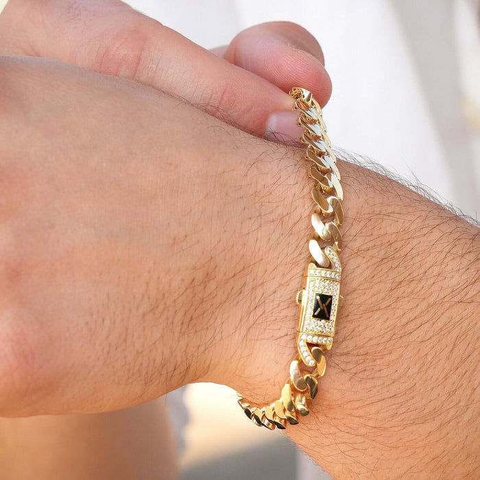 10K Yellow Gold 8mm Miami CZ Pave Box Clasp Bracelet (Hollow) 8"