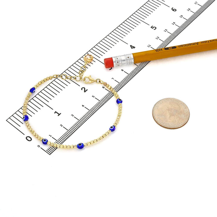 14K Gold Diamond-Cut Beaded Evil Eye Bangle Bracelet (Hollow) Adjustable 6.25"-7.5"