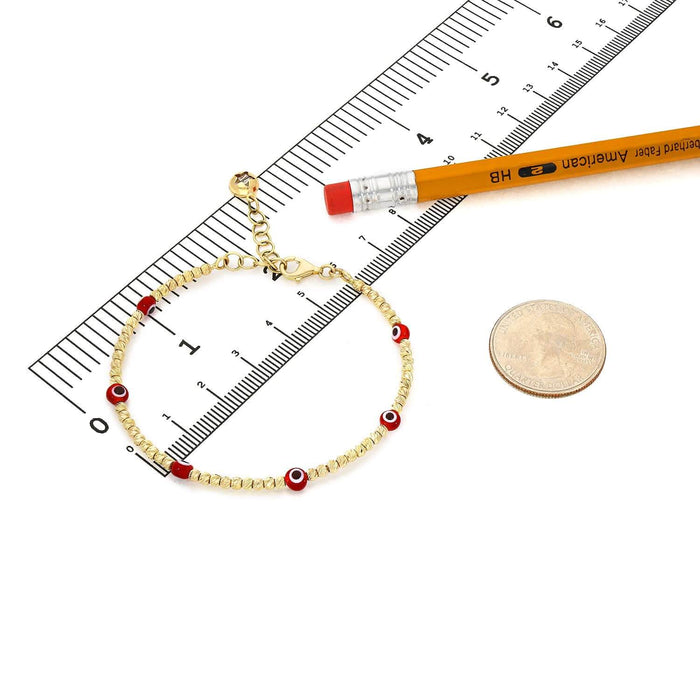 14K Gold Diamond-Cut Beaded Evil Eye Bangle Bracelet (Hollow) Adjustable 6.25"-7.5"