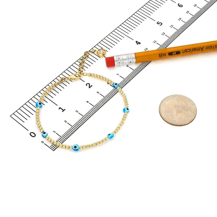 14K Gold Diamond-Cut Beaded Evil Eye Bangle Bracelet (Hollow) Adjustable 6.25"-7.5"