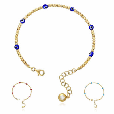 14K Gold Diamond-Cut Beaded Evil Eye Bangle Bracelet (Hollow) Adjustable 6.25"-7.5"