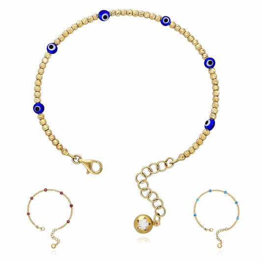 14K Gold Diamond-Cut Ball Beaded Evil Eye Bangle Bracelet 6.25"-7.5" Adjustable