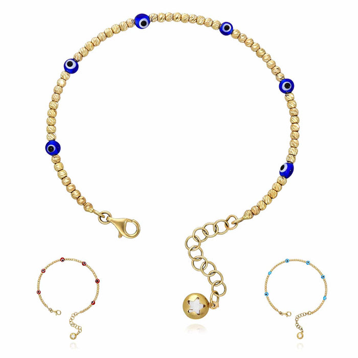 14K Gold Diamond-Cut Beaded Evil Eye Bangle Bracelet (Hollow) Adjustable 6.25"-7.5"