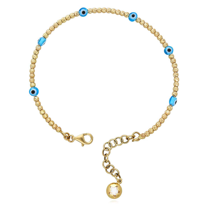 14K Gold Diamond-Cut Beaded Evil Eye Bangle Bracelet (Hollow) Adjustable 6.25"-7.5"