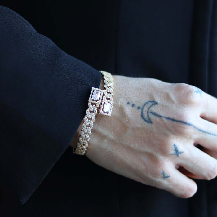 14K Yellow Gold 8mm Miami Cuff CZ Pavé Bypass Bangle Bracelet (Solid Links)