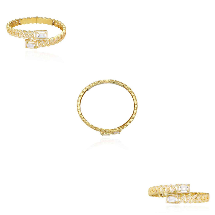 14K Yellow Gold 8mm Miami Cuff CZ Pavé Bypass Bangle Bracelet (Solid Links)