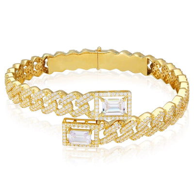 14K Yellow Gold 8mm Miami Cuff CZ Pavé Bypass Bangle Bracelet (Solid Links)