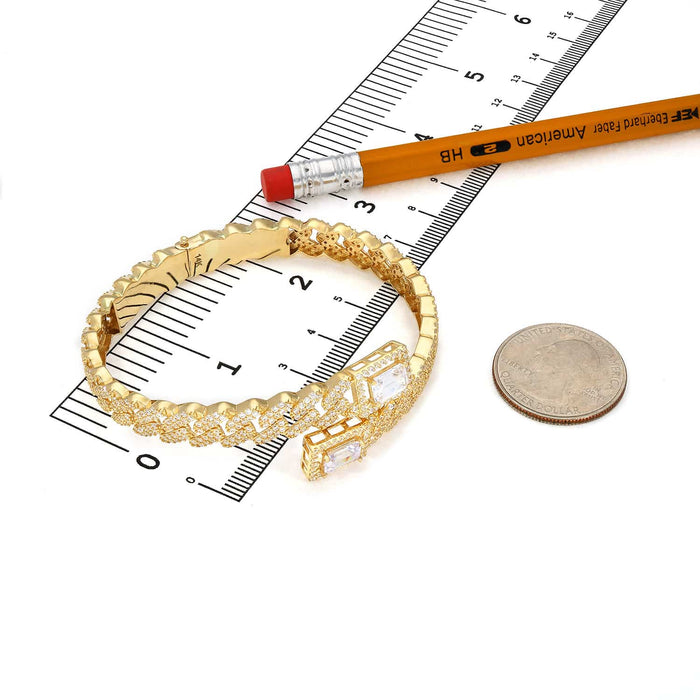 14K Yellow Gold 8mm Miami Cuff CZ Pavé Bypass Bangle Bracelet (Solid Links)