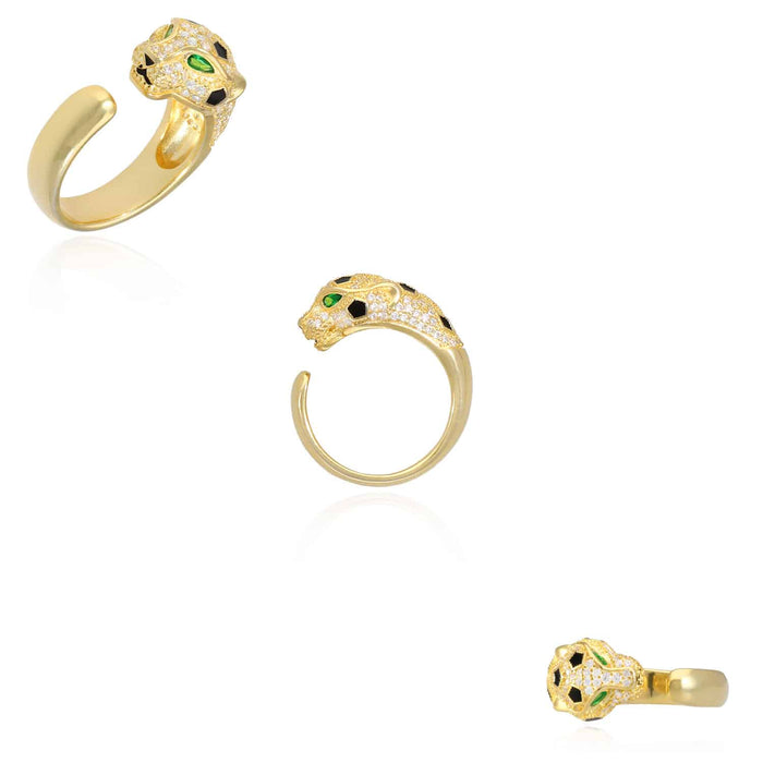 1.30CTW CZ 18k Gold Over Silver Emerald Eyes Panther Open Ring