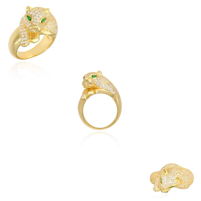 18K Gold Over Silver CZ Pave Emerald Green Eyes Panther Ring