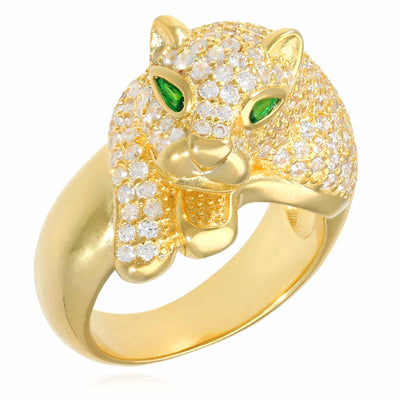 18K Gold Over Silver CZ Pave Emerald Green Eyes Panther Ring