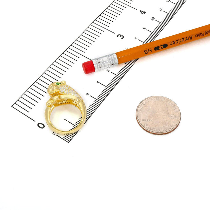 18K Gold Over Silver CZ Pave Emerald Green Eyes Panther Ring