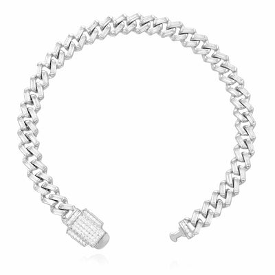 18K White Gold Over Silver 7mm Miami Cuban Baguette CZ Bracelet (Solid Links)