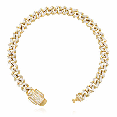 18K Yellow Gold Over Silver 7mm Miami Cuban Baguette CZ Bracelet (Solid Links)