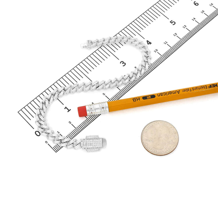 18K White Gold Over Silver 7mm Miami Cuban Baguette CZ Bracelet (Solid Links)