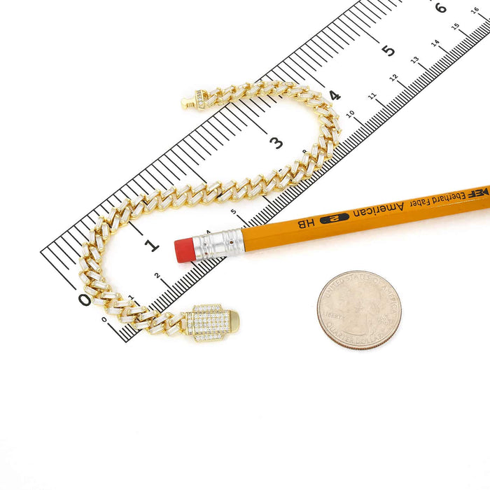 18K Yellow Gold Over Silver 7mm Miami Cuban Baguette CZ Bracelet (Solid Links)