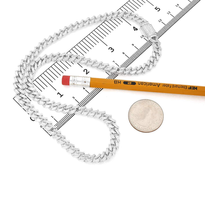 18K White Gold Over Silver 7mm Miami Cuban Baguette CZ Necklace (Solid Links)