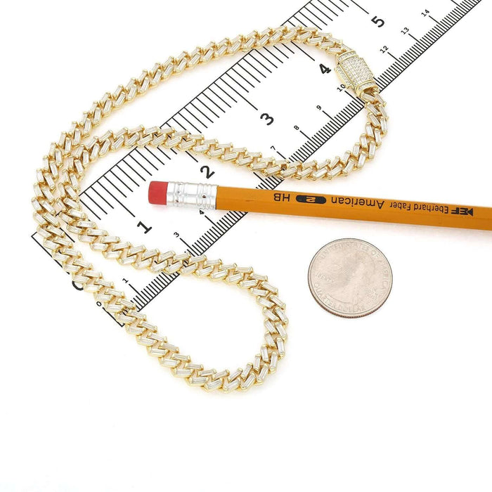 18K Yellow Gold Over Silver 7mm Miami Cuban Baguette CZ Necklace (Solid Links)