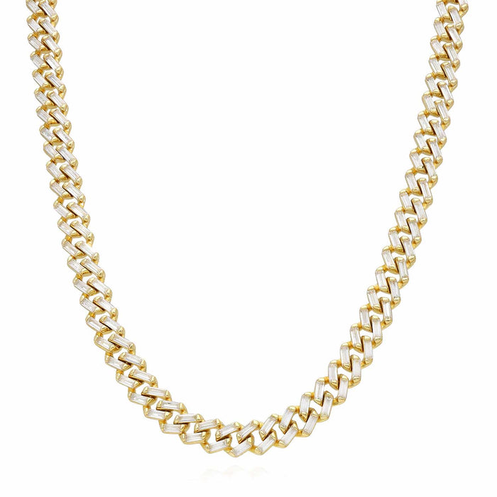 18K Yellow Gold Over Silver 7mm Miami Cuban Baguette CZ Necklace (Solid Links)