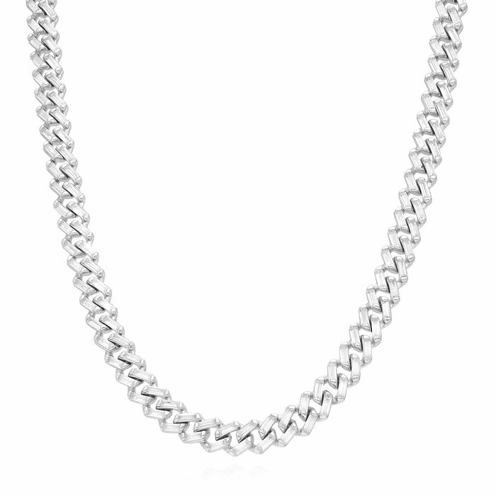 18K White Gold Over Silver 7mm Miami Cuban Baguette CZ Necklace (Solid Links)