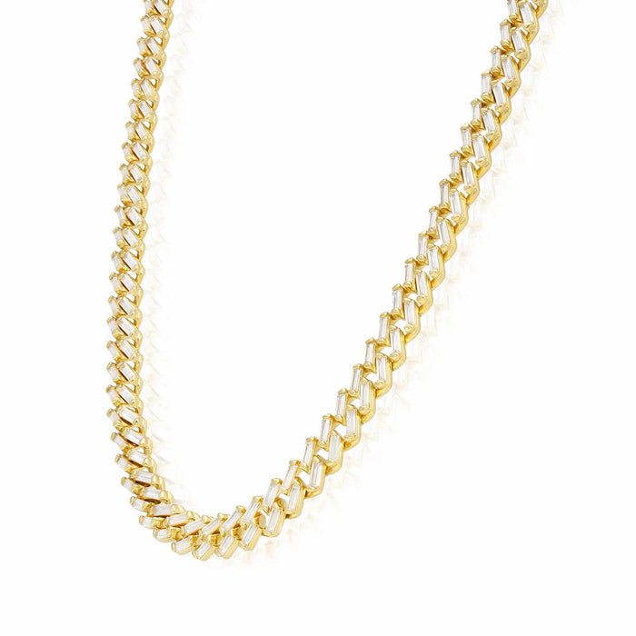 18K Yellow Gold Over Silver 7mm Miami Cuban Baguette CZ Necklace (Solid Links)