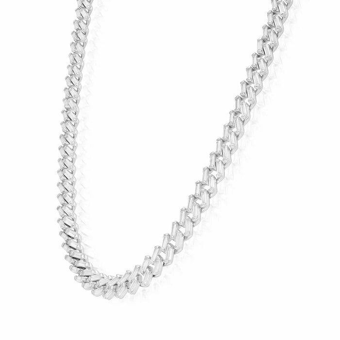 18K White Gold Over Silver 7mm Miami Cuban Baguette CZ Necklace (Solid Links)