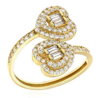 14K Yellow Gold 1.10CTW CZ Dual Heart Band Split Cocktail Ring