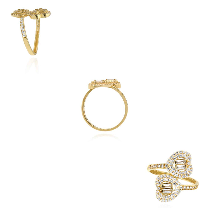 14K Yellow Gold 1.10CTW CZ Dual Heart Band Split Cocktail Ring