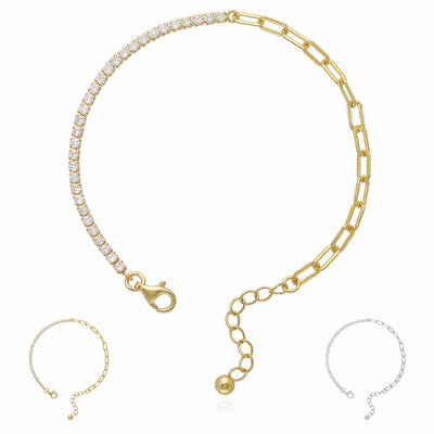 18K Yellow Gold Over Sterling Silver CZ Paperclip Tennis Bracelet 6.5"-7.5" Adjustable