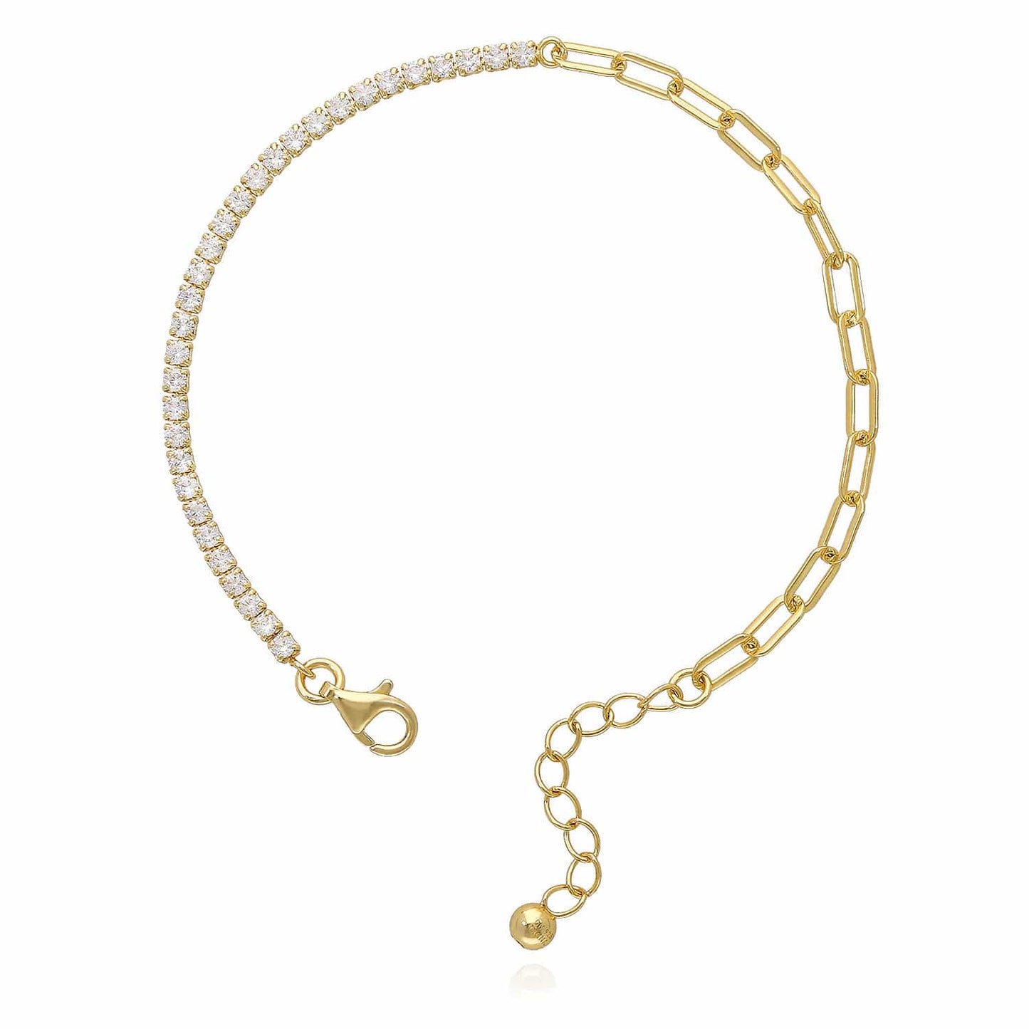 18K Gold Over Silver CZ Paperclip Tennis Bracelet 6.5-7.5" Adjus.
