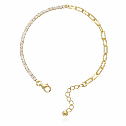 18K Gold Over Silver CZ Paperclip Tennis Bracelet 6.5-7.5" Adjus.