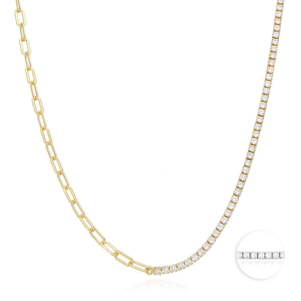 18K Yellow Gold Over Sterling Silver Paperclip CZ Tennis Necklace 16"-18" Adjustable