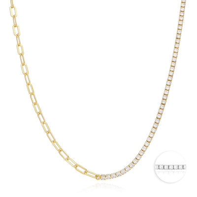 18K Yellow Gold Over Sterling Silver Paperclip CZ Tennis Necklace 16"-18" Adjustable