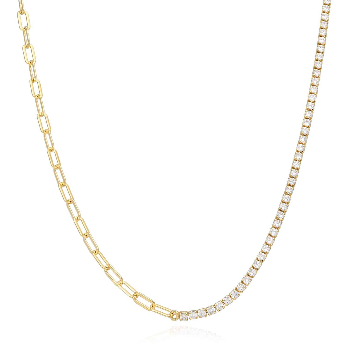 18K Yellow Gold Over Sterling Silver Paperclip CZ Tennis Necklace 16"-18" Adjustable